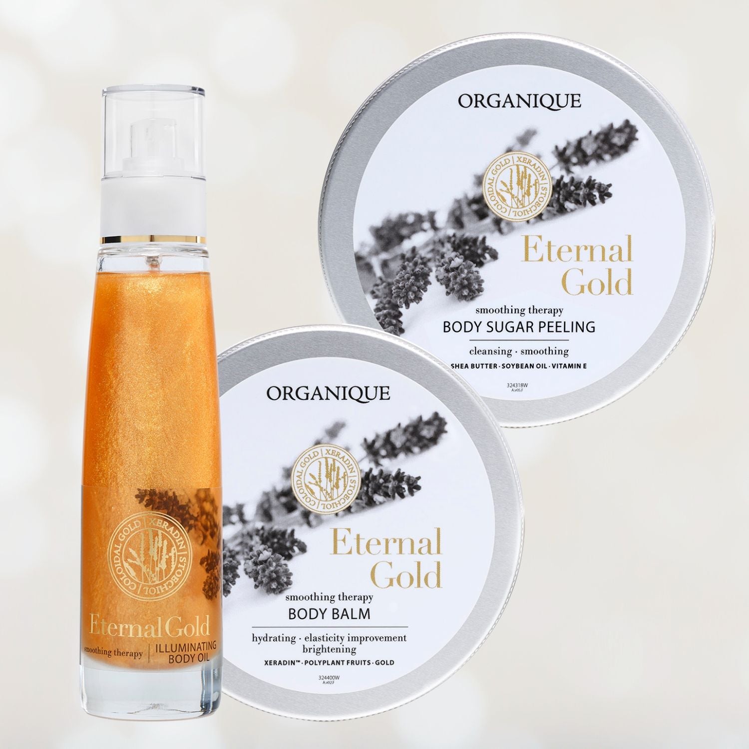 ORGANIQUE Eternal Gold Set RENEWAL&amp;GLOW| Body Balm Moisturiser + Body Peeling + Dry Body Oil